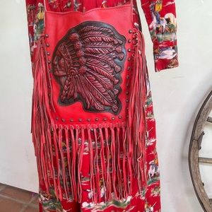 RAVIANI USA Western Red Tooled Leather American Indian Fringed Studded Bag NEW!!